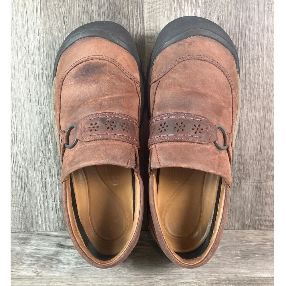 KEEN Presidio II Brown Leather Floral Slip On Mule Clog Womens Size 7 1021943